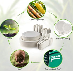 Compostable Dinnerware Set 250 PCS – Biodegradable Sugarcane Plates with Cornstarch Cutlery – Heavy Duty, Microwave Safe, Eco-Friendly Disposable Tableware for up to 50 Guests