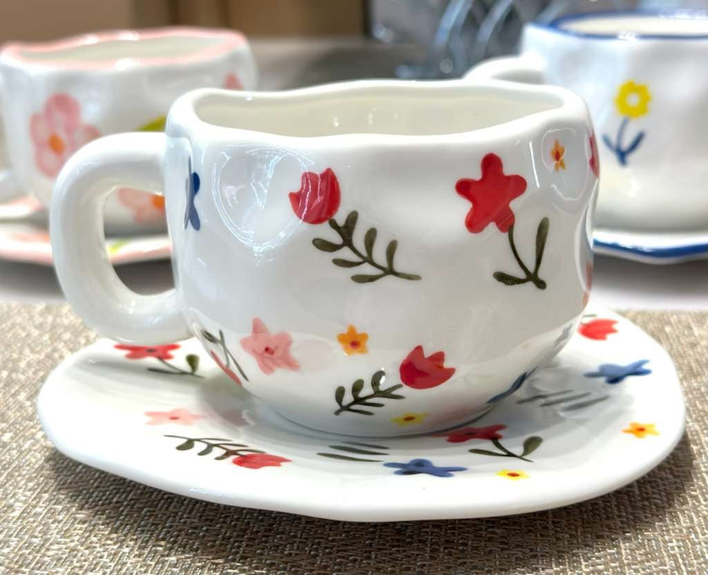 Hand-Painted Flower Bow Ceramic Cup and Saucer – 280ml Tea & Coffee Set