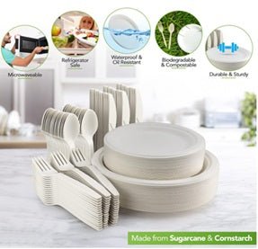 Compostable Dinnerware Set 250 PCS – Biodegradable Sugarcane Plates with Cornstarch Cutlery – Heavy Duty, Microwave Safe, Eco-Friendly Disposable Tableware for up to 50 Guests