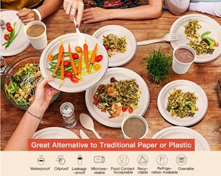 Compostable Dinnerware Set 250 PCS – Biodegradable Sugarcane Plates with Cornstarch Cutlery – Heavy Duty, Microwave Safe, Eco-Friendly Disposable Tableware for up to 50 Guests