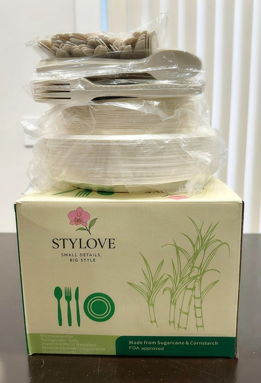 Compostable Dinnerware Set 250 PCS – Biodegradable Sugarcane Plates with Cornstarch Cutlery – Heavy Duty, Microwave Safe, Eco-Friendly Disposable Tableware for up to 50 Guests