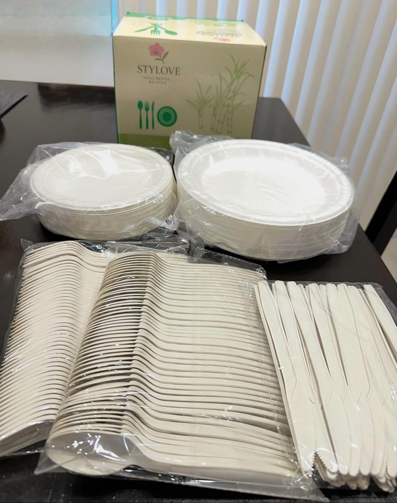 Compostable Dinnerware Set 250 PCS – Biodegradable Sugarcane Plates with Cornstarch Cutlery – Heavy Duty, Microwave Safe, Eco-Friendly Disposable Tableware for up to 50 Guests